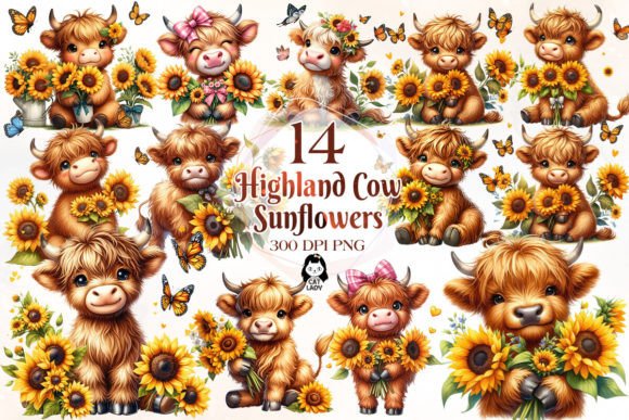 Download Highland Cow with Sunflowers Clipart - Cow Collection