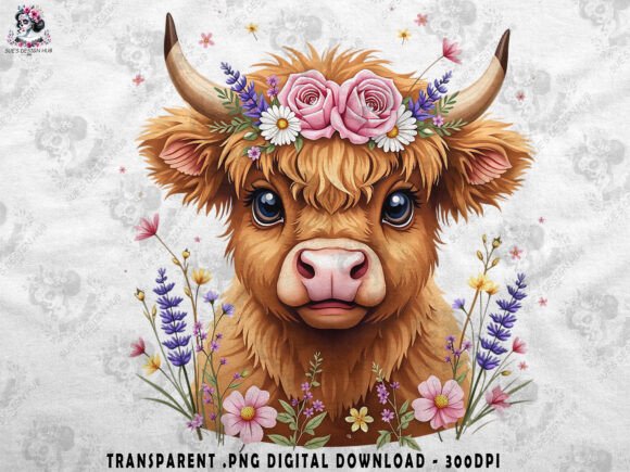 Download Boho Highland Cow and Pink Flowers - Cow Collection